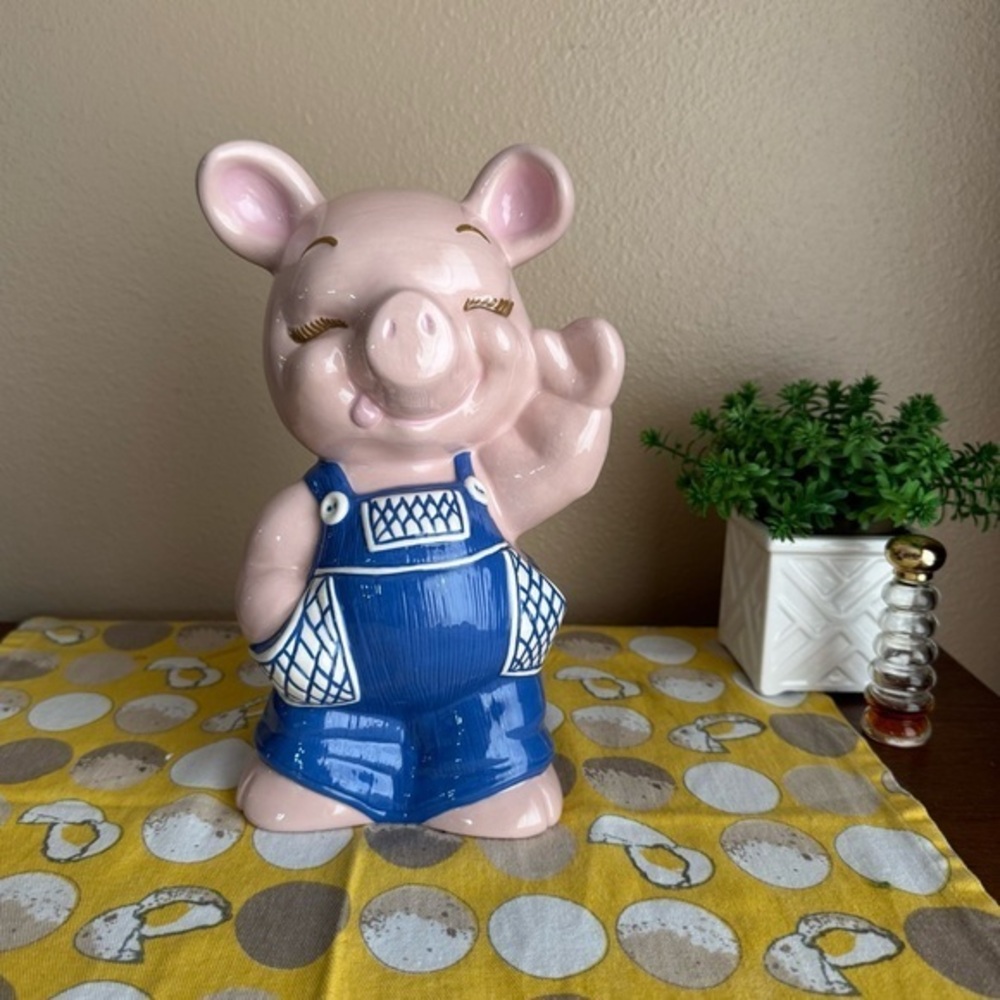 Vintage Russ Berrie Co Farmer Pig ceramic Piggy bank MISSING STOPPER